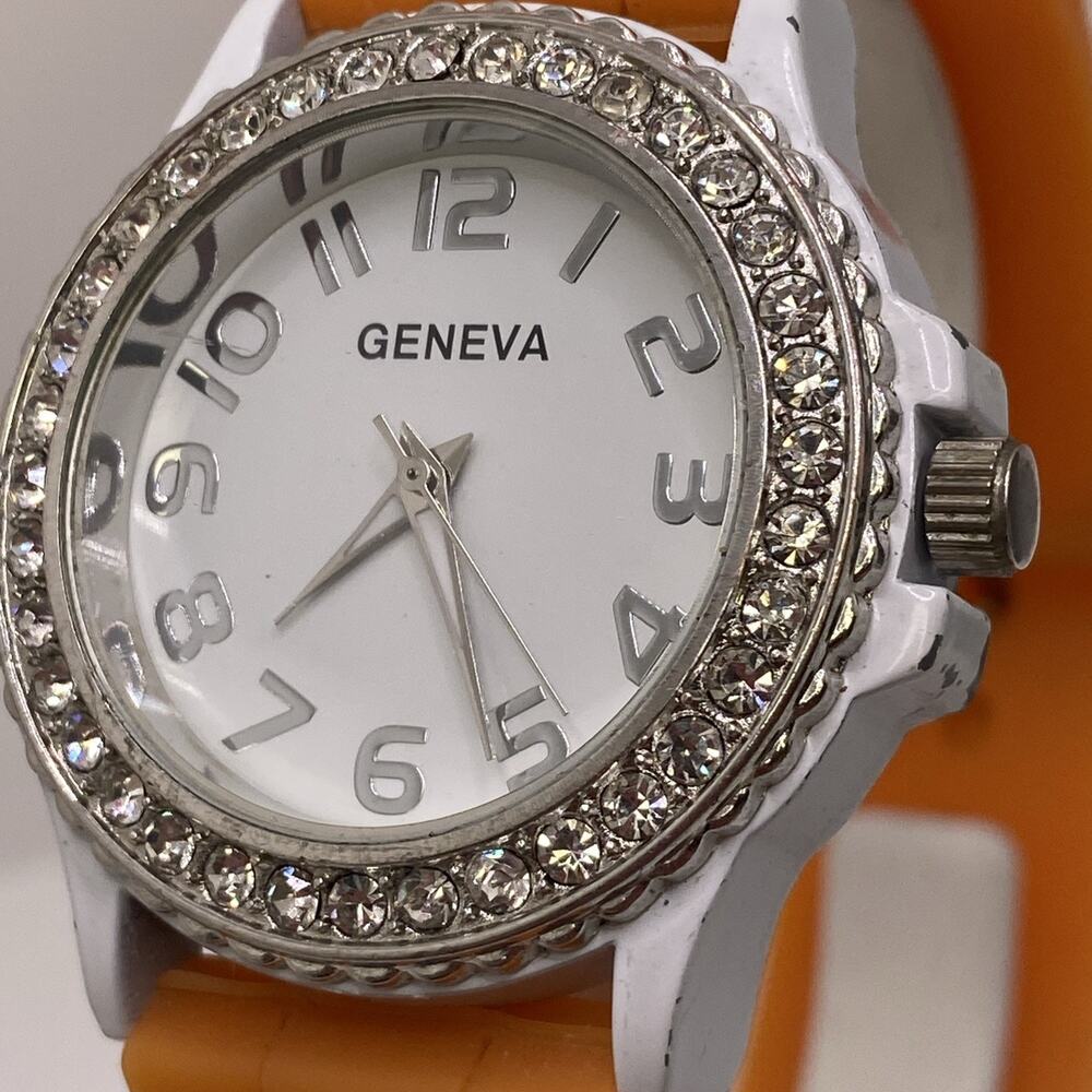 Vintage Geneva Rhinestone Oranhe Band Watch New Battery